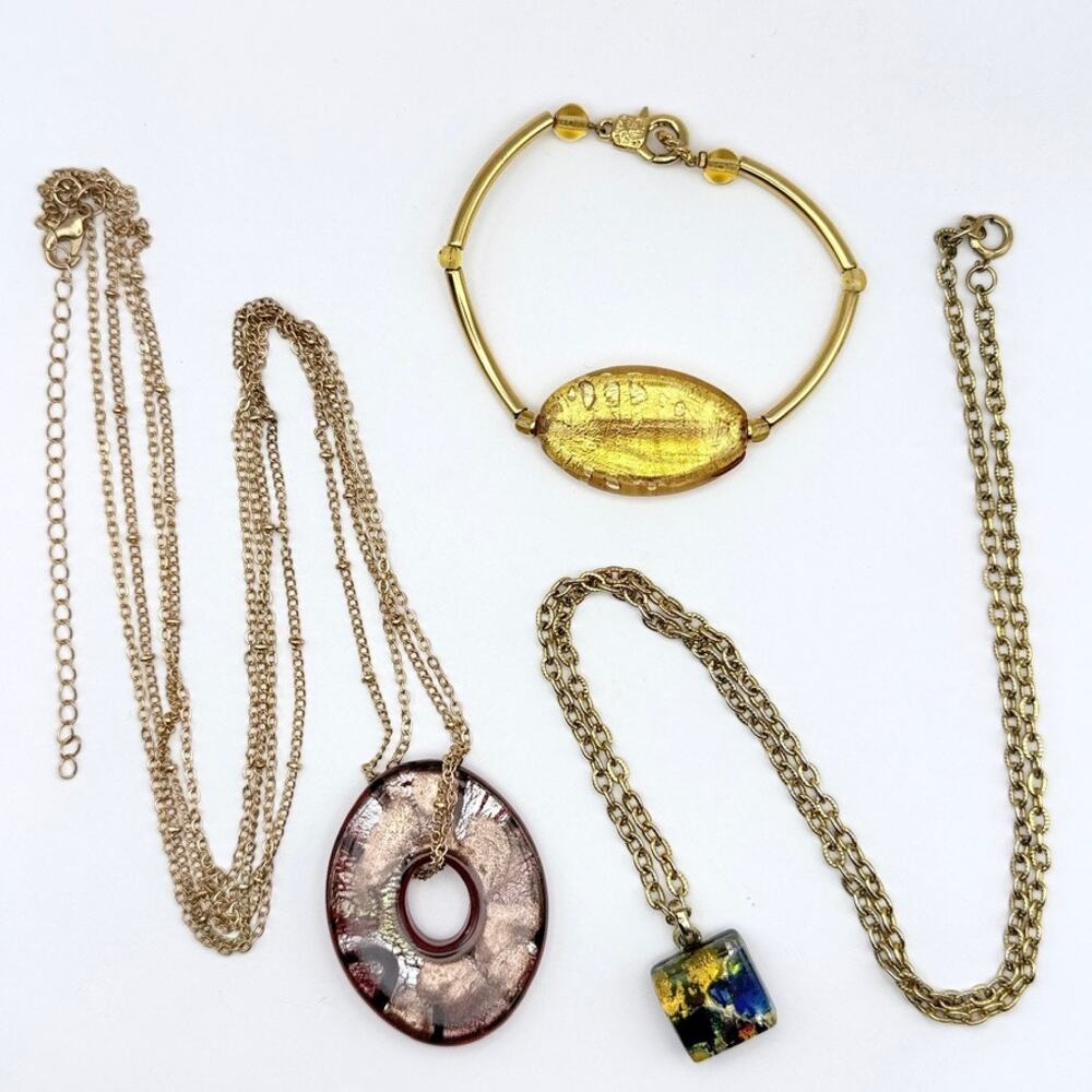 Lot of 3 Dichroic Foiled Art Glass Jewelry Pendants Bracelet Donut Square Gold